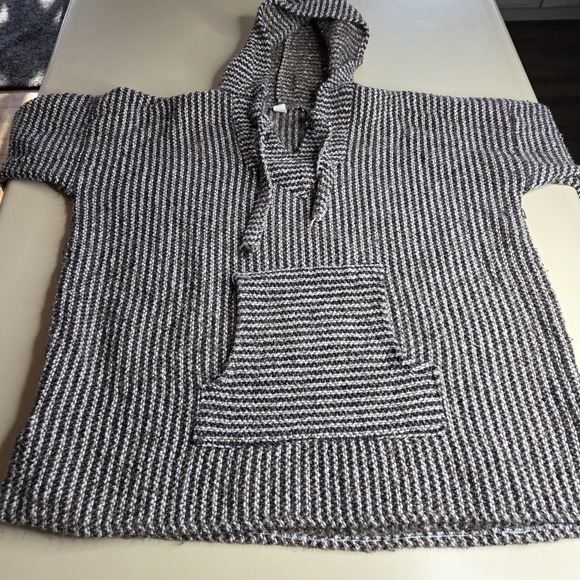 Baja Hoodie Mexico XL Brown White Striped Knit Poncho Pullover Kangaroo Pocket - Picture 1 of 9